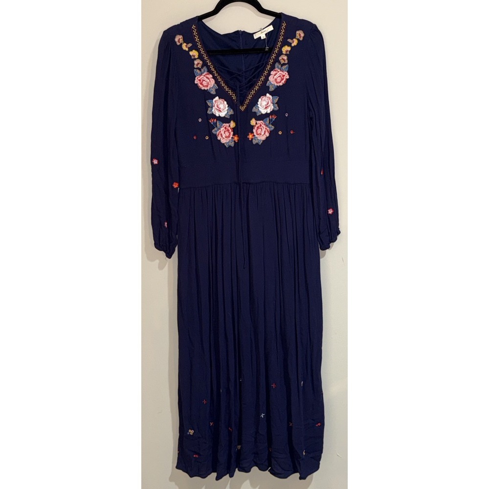 Andree by Unit Purple Floral Embroidered Boho Maxi Dress Lace Up Medium